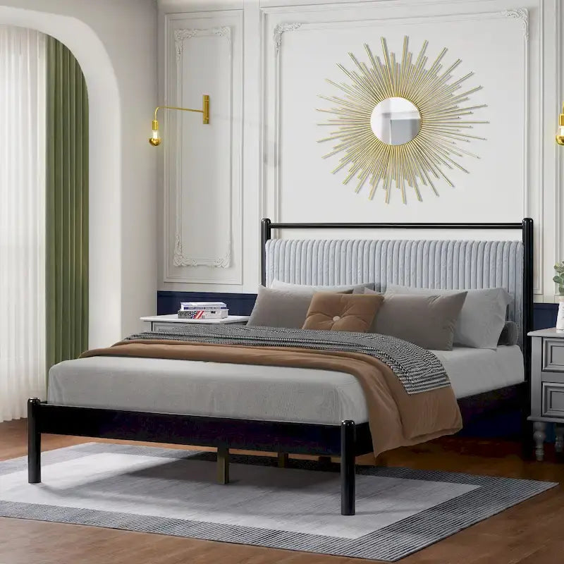 Cadre de lit plateforme Queen en bois avec tête de lit douce et moelleuse