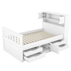 Lit plateforme capitaine double/grand avec 4 tiroirs et étagères de rangement, cadre de lit en bois massif avec tête de lit bibliothèque de rangement