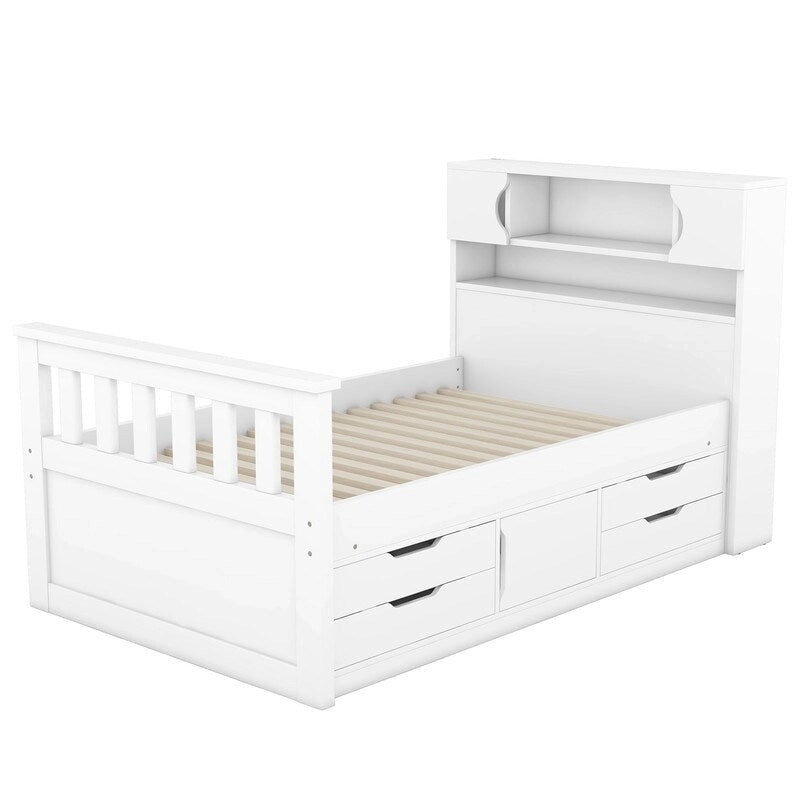 Lit plateforme capitaine double/grand avec 4 tiroirs et étagères de rangement, cadre de lit en bois massif avec tête de lit bibliothèque de rangement