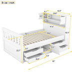 Lit plateforme capitaine double/grand avec 4 tiroirs et étagères de rangement, cadre de lit en bois massif avec tête de lit bibliothèque de rangement