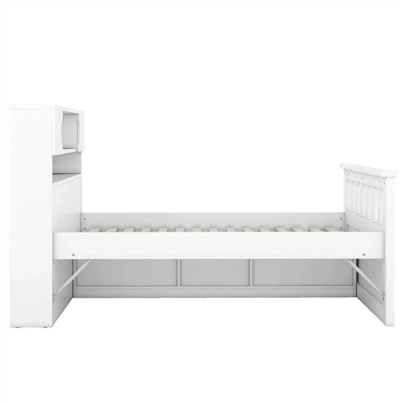 Lit plateforme capitaine double/grand avec 4 tiroirs et étagères de rangement, cadre de lit en bois massif avec tête de lit bibliothèque de rangement