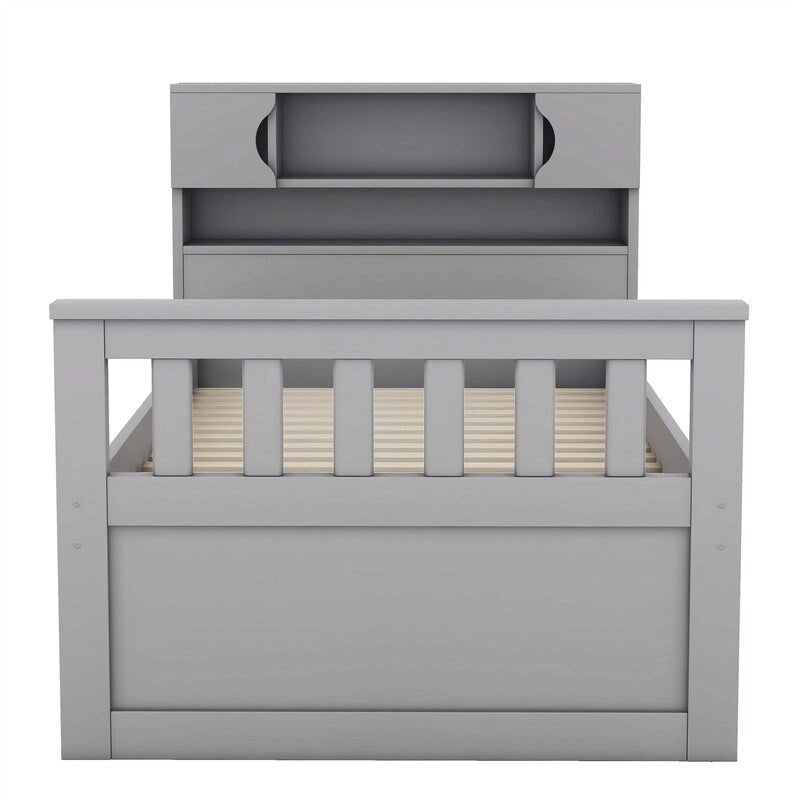 Lit plateforme capitaine double/grand avec 4 tiroirs et étagères de rangement, cadre de lit en bois massif avec tête de lit bibliothèque de rangement