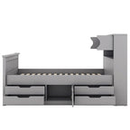 Lit plateforme capitaine double/grand avec 4 tiroirs et étagères de rangement, cadre de lit en bois massif avec tête de lit bibliothèque de rangement