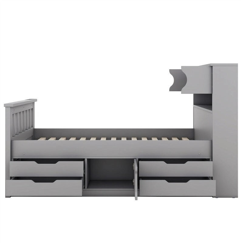 Lit plateforme capitaine double/grand avec 4 tiroirs et étagères de rangement, cadre de lit en bois massif avec tête de lit bibliothèque de rangement