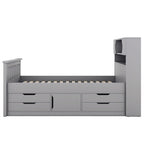 Lit plateforme capitaine double/grand avec 4 tiroirs et étagères de rangement, cadre de lit en bois massif avec tête de lit bibliothèque de rangement