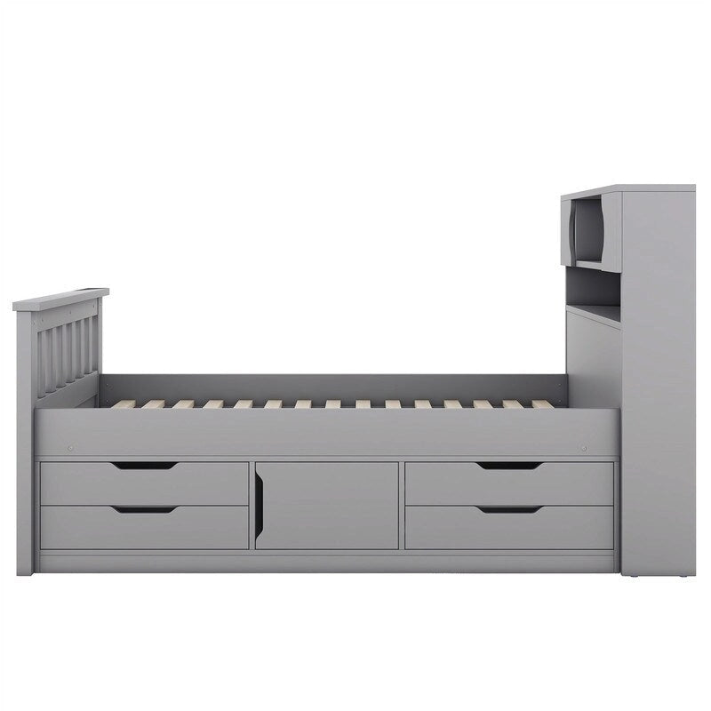 Lit plateforme capitaine double/grand avec 4 tiroirs et étagères de rangement, cadre de lit en bois massif avec tête de lit bibliothèque de rangement