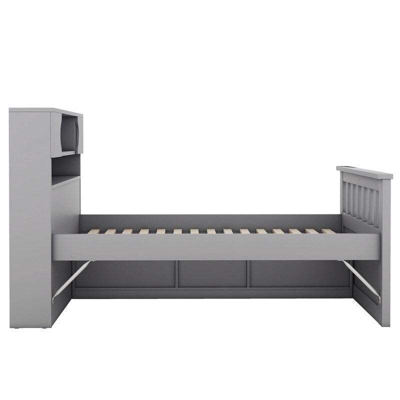 Lit plateforme capitaine double/grand avec 4 tiroirs et étagères de rangement, cadre de lit en bois massif avec tête de lit bibliothèque de rangement