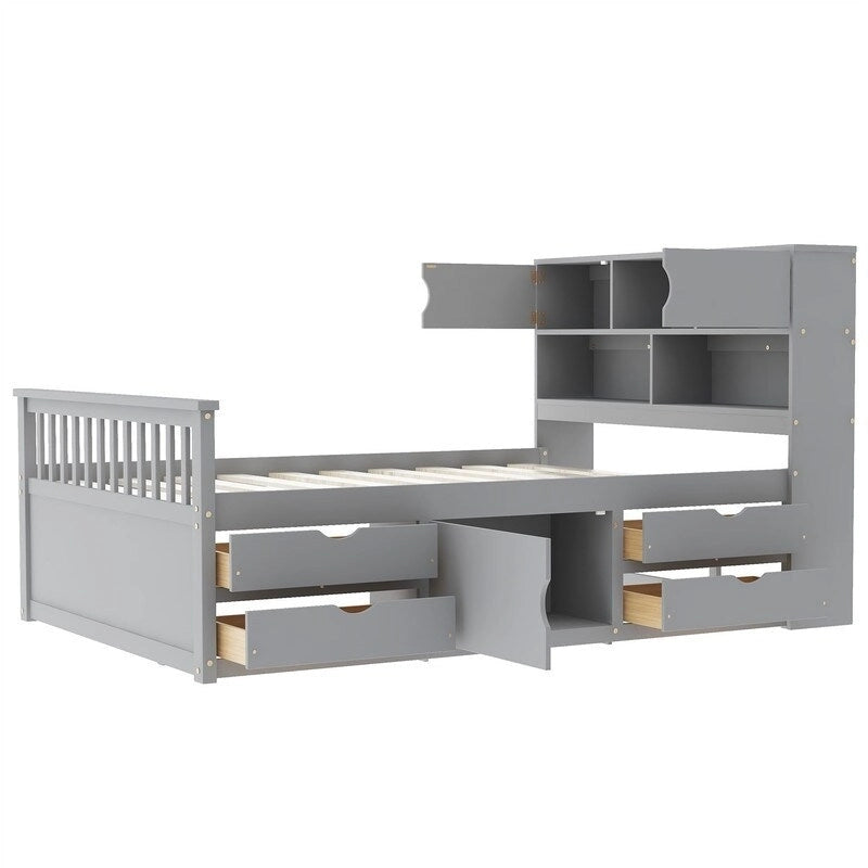 Lit plateforme capitaine double/grand avec 4 tiroirs et étagères de rangement, cadre de lit en bois massif avec tête de lit bibliothèque de rangement