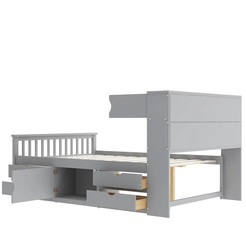 Lit plateforme capitaine double/grand avec 4 tiroirs et étagères de rangement, cadre de lit en bois massif avec tête de lit bibliothèque de rangement