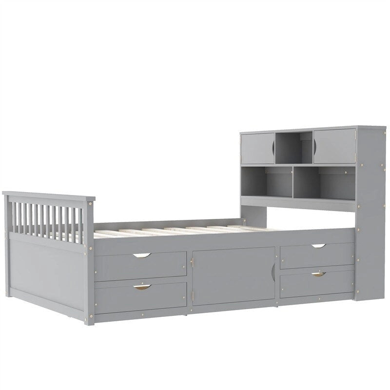 Lit plateforme capitaine double/grand avec 4 tiroirs et étagères de rangement, cadre de lit en bois massif avec tête de lit bibliothèque de rangement