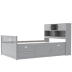 Lit plateforme capitaine double/grand avec 4 tiroirs et étagères de rangement, cadre de lit en bois massif avec tête de lit bibliothèque de rangement