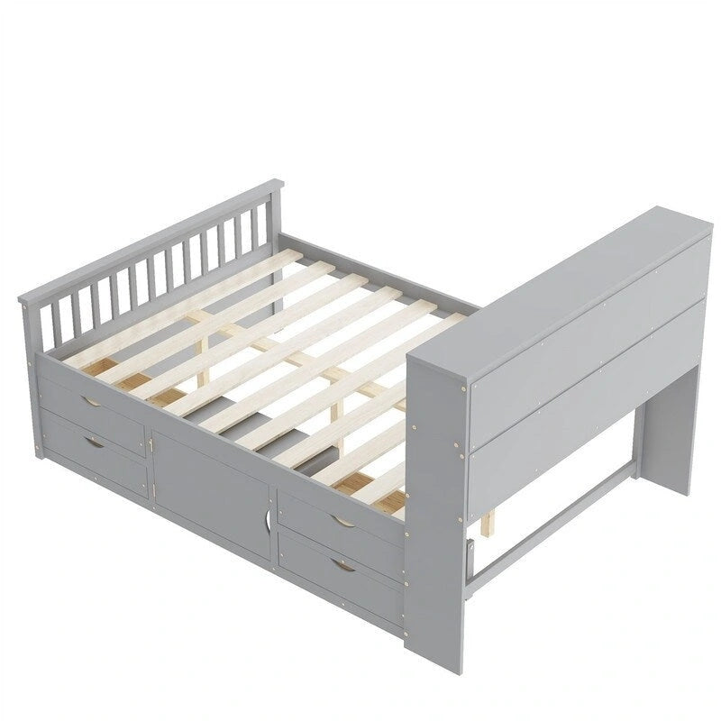 Lit plateforme capitaine double/grand avec 4 tiroirs et étagères de rangement, cadre de lit en bois massif avec tête de lit bibliothèque de rangement