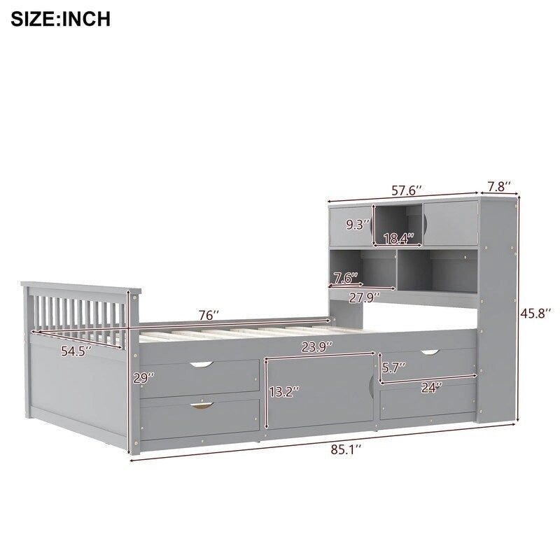 Lit plateforme capitaine double/grand avec 4 tiroirs et étagères de rangement, cadre de lit en bois massif avec tête de lit bibliothèque de rangement