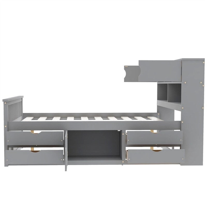Lit plateforme capitaine double/grand avec 4 tiroirs et étagères de rangement, cadre de lit en bois massif avec tête de lit bibliothèque de rangement