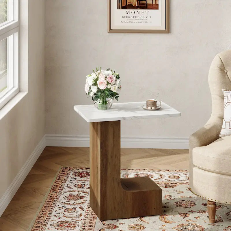 Table d'appoint de canapé en forme de C à 2 niveaux, table de chevet avec plateau en faux marbre, table en C pour canapé, chambre, salon