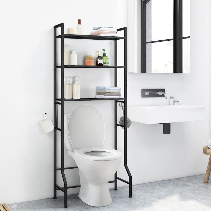 Étagère de rangement à 3 niveaux au-dessus des toilettes pour salle de bain avec cadre métallique et crochets
