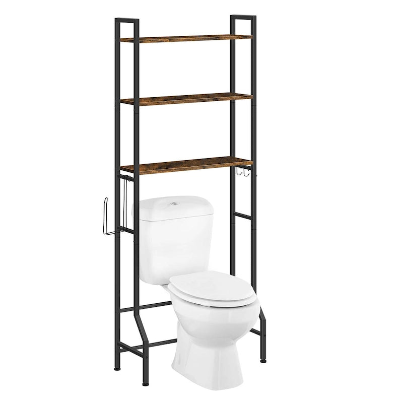 Étagère de rangement à 3 niveaux au-dessus des toilettes pour salle de bain avec cadre métallique et crochets