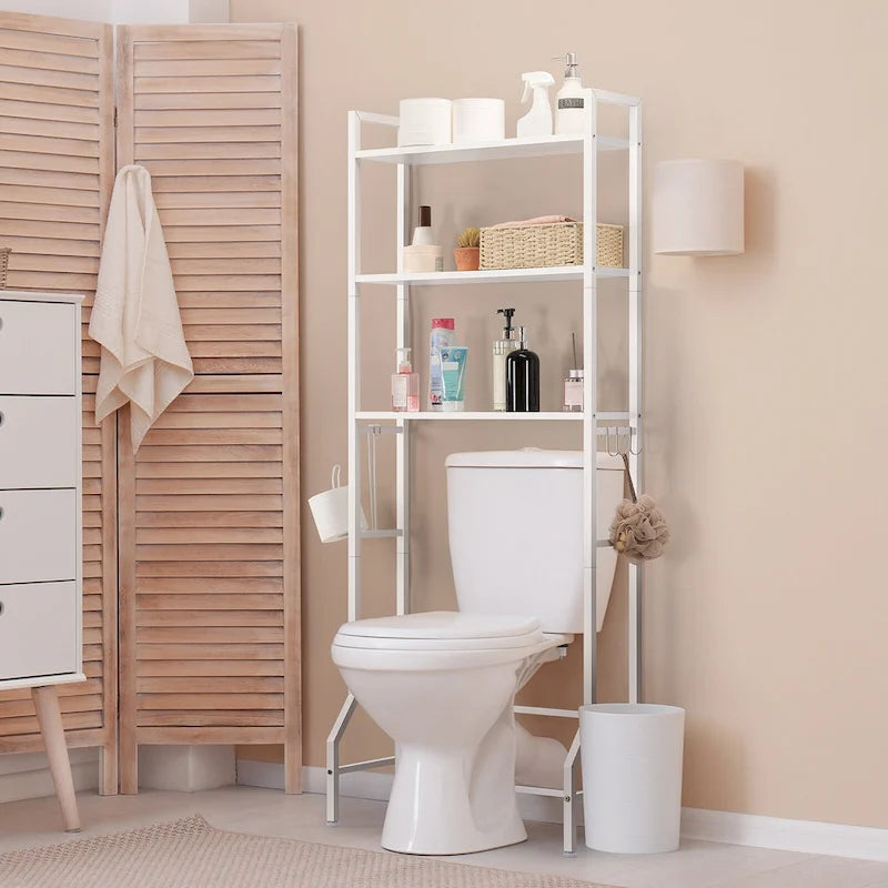Étagère de rangement à 3 niveaux au-dessus des toilettes pour salle de bain avec cadre métallique et crochets
