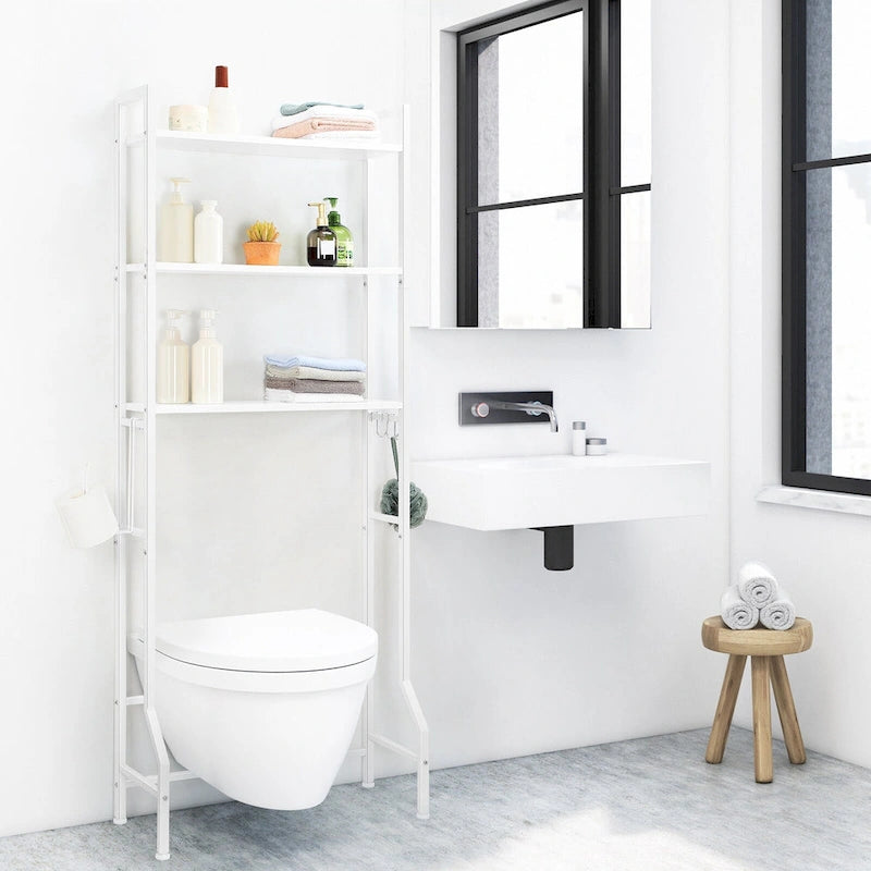 Étagère de rangement à 3 niveaux au-dessus des toilettes pour salle de bain avec cadre métallique et crochets