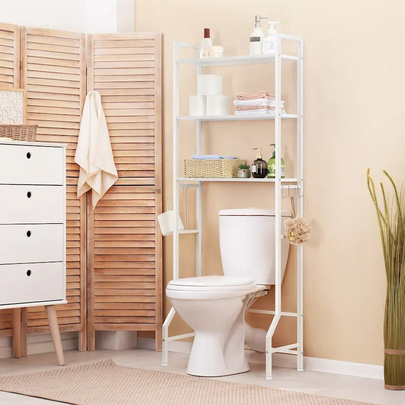 Étagère de rangement à 3 niveaux au-dessus des toilettes pour salle de bain avec cadre métallique et crochets