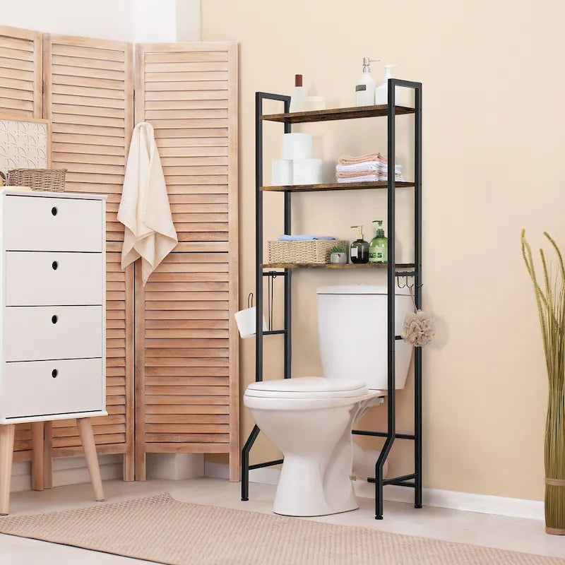Étagère de rangement à 3 niveaux au-dessus des toilettes pour salle de bain avec cadre métallique et crochets