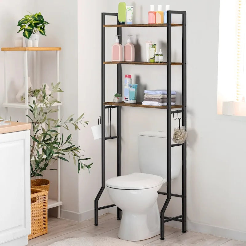 Étagère de rangement à 3 niveaux au-dessus des toilettes pour salle de bain avec cadre métallique et crochets