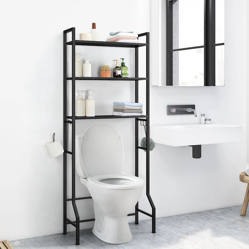 Étagère de rangement à 3 niveaux au-dessus des toilettes pour salle de bain avec cadre métallique et crochets