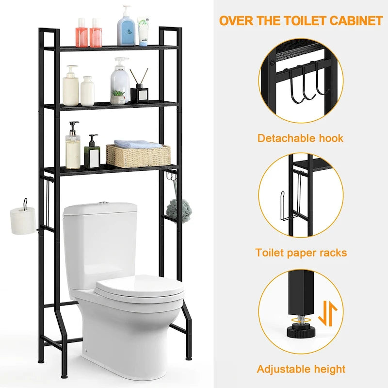 Étagère de rangement à 3 niveaux au-dessus des toilettes pour salle de bain avec cadre métallique et crochets