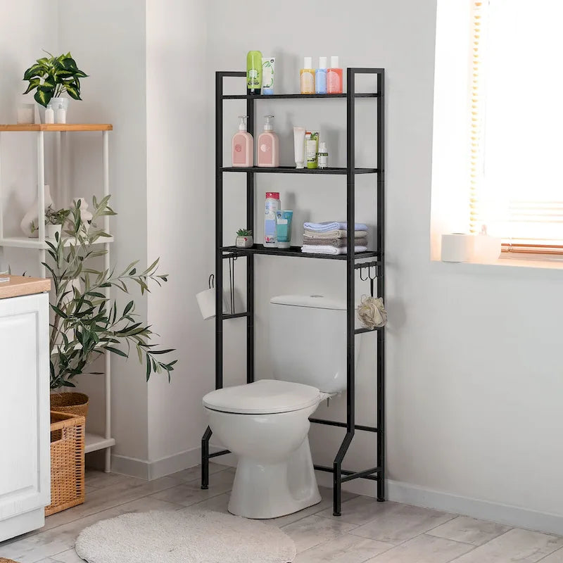 Étagère de rangement à 3 niveaux au-dessus des toilettes pour salle de bain avec cadre métallique et crochets