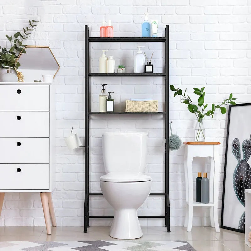 Étagère de rangement à 3 niveaux au-dessus des toilettes pour salle de bain avec cadre métallique et crochets