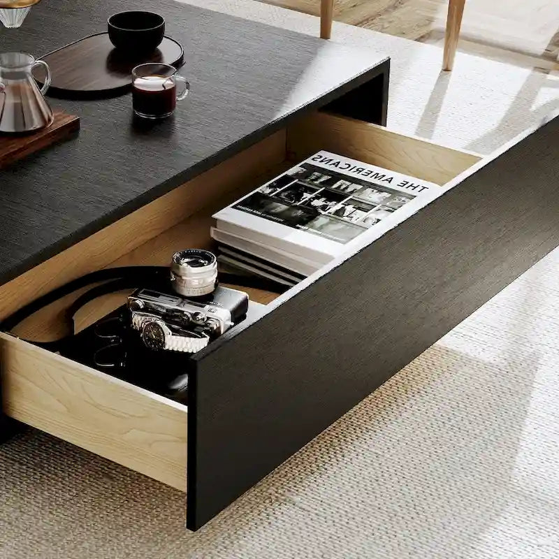 Table basse Mid-Century Moderne, Table basse minimaliste en placage de bois avec rangement pour salon, Entièrement assemblée