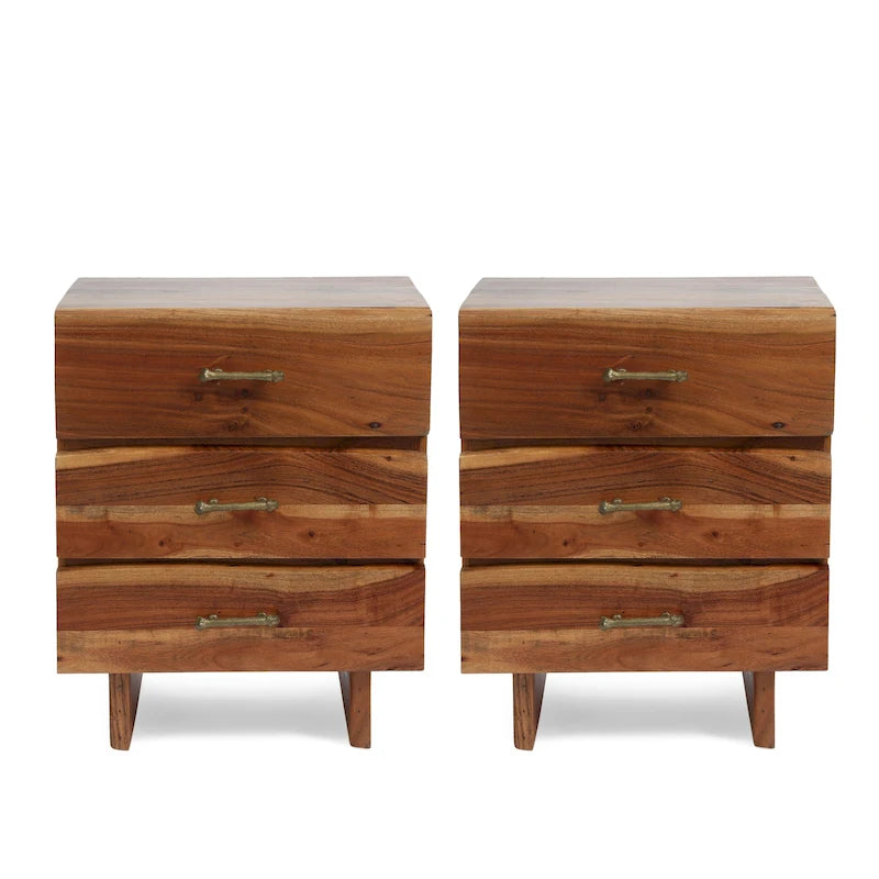 Table de chevet Terrell bohème fabriquée à la main en bois d'acacia avec 3 tiroirs (lot de 2) par