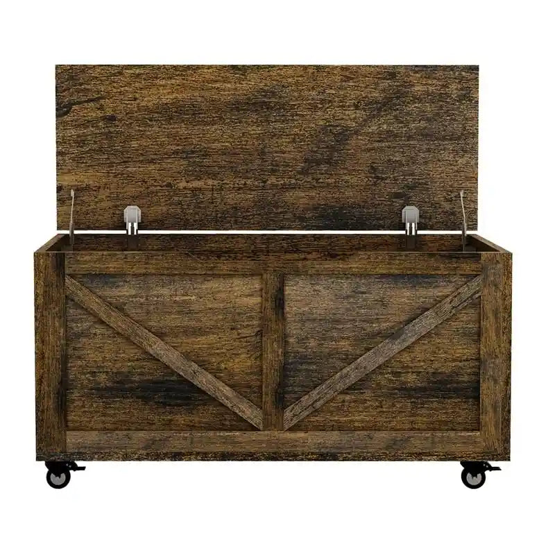 Banc de rangement en bois sur roulettes avec freins