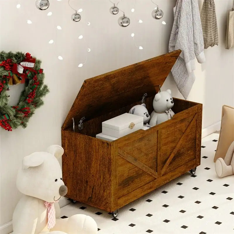 Banc de rangement en bois sur roulettes avec freins