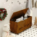Banc de rangement en bois sur roulettes avec freins