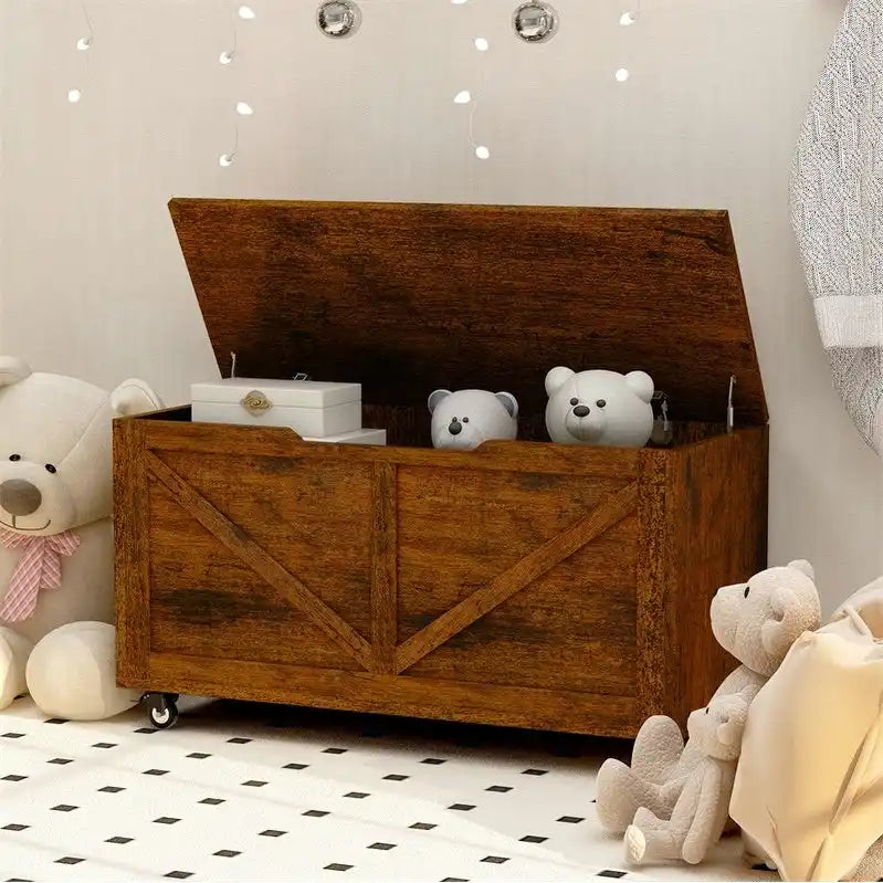 Banc de rangement en bois sur roulettes avec freins