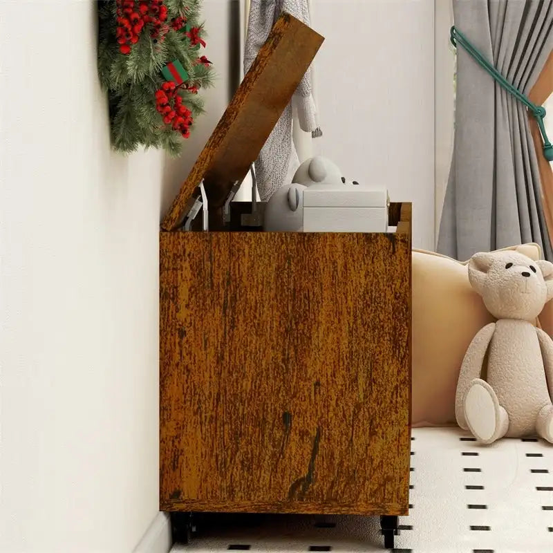 Banc de rangement en bois sur roulettes avec freins