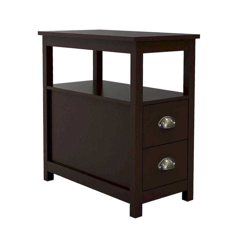 Table d'appoint Chevet étroit avec deux tiroirs et une étagère ouverte