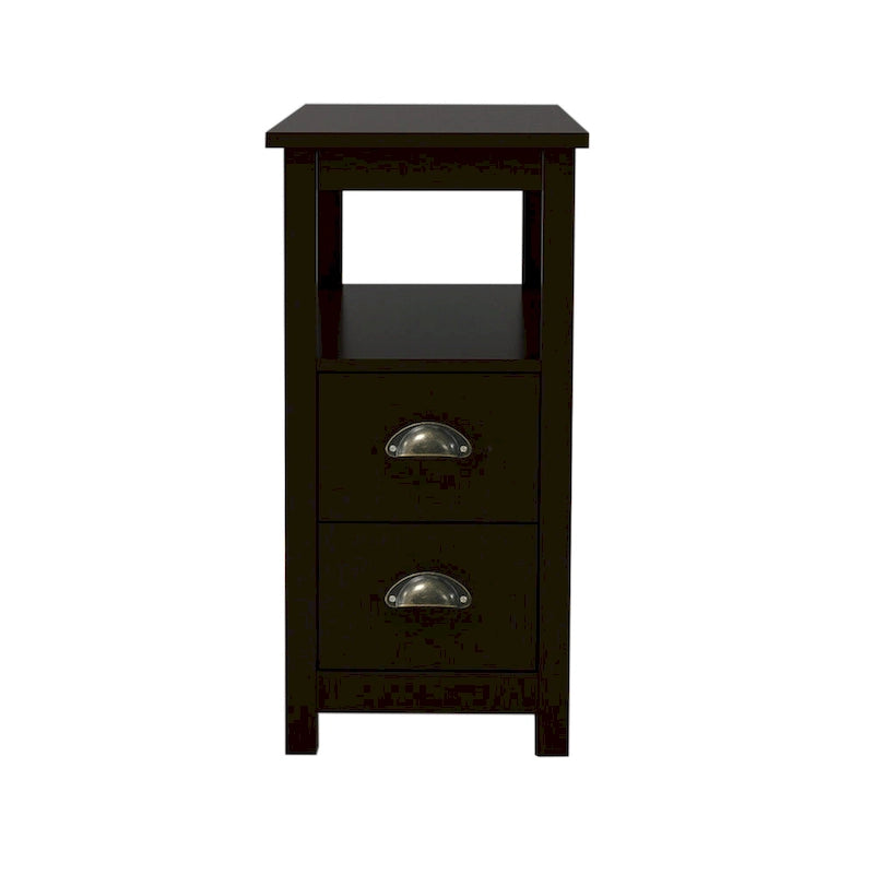 Table d'appoint Chevet étroit avec deux tiroirs et une étagère ouverte