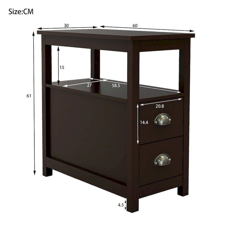 Table d'appoint Chevet étroit avec deux tiroirs et une étagère ouverte