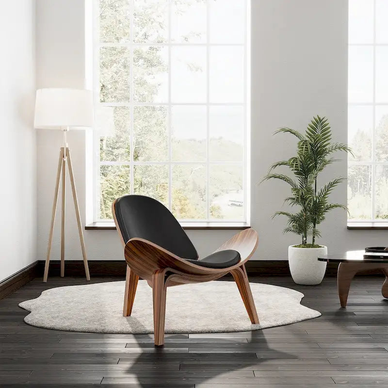 Fauteuil de salon en cuir tapissé, style coquille du milieu du siècle