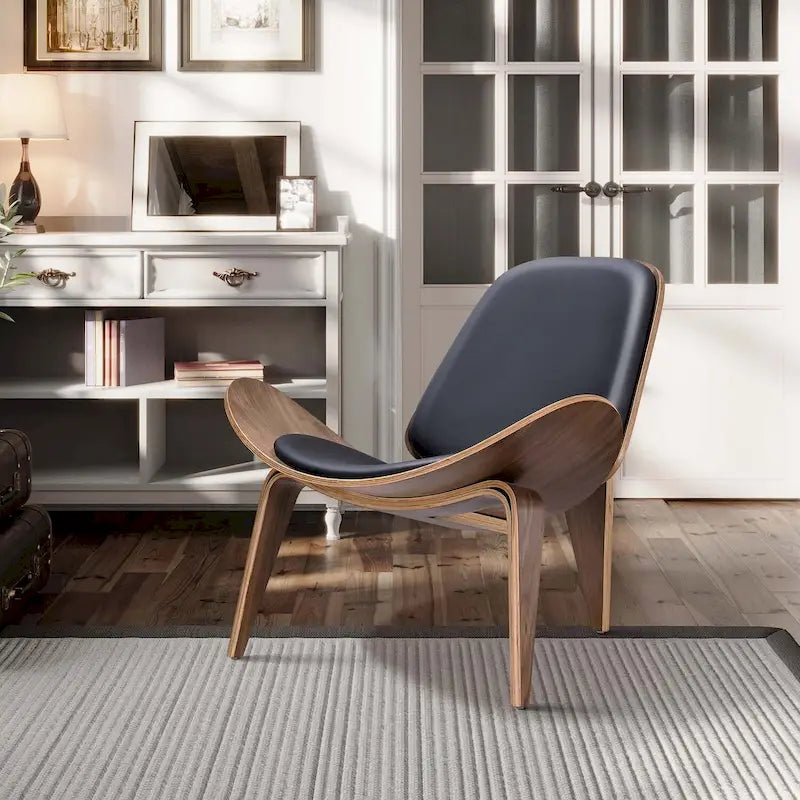 Fauteuil de salon en cuir tapissé, style coquille du milieu du siècle