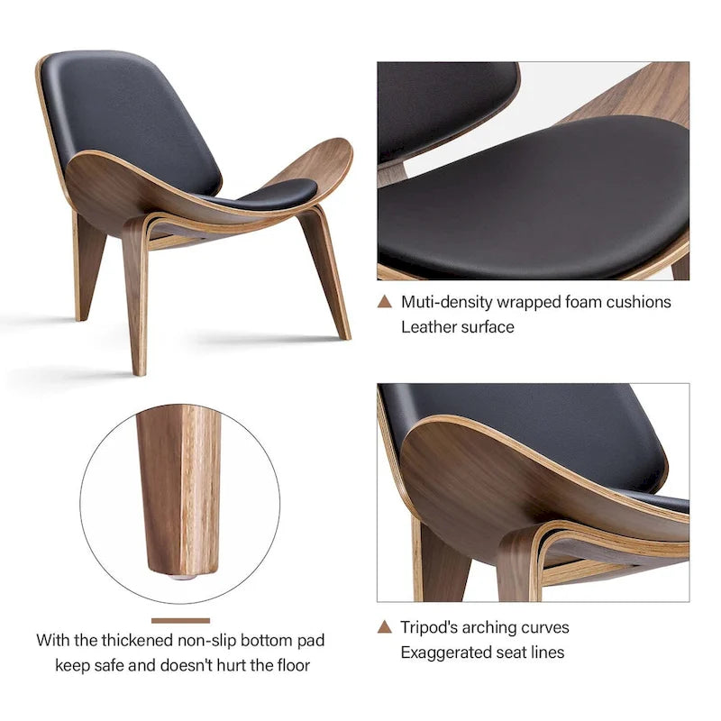 Fauteuil de salon en cuir tapissé, style coquille du milieu du siècle