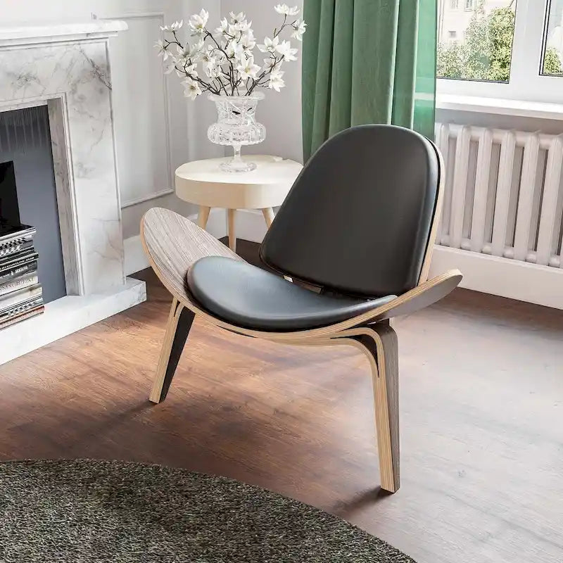 Fauteuil de salon en cuir tapissé, style coquille du milieu du siècle