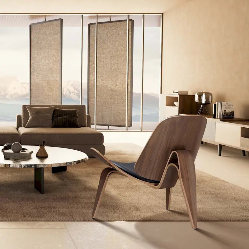 Fauteuil de salon en cuir tapissé, style coquille du milieu du siècle