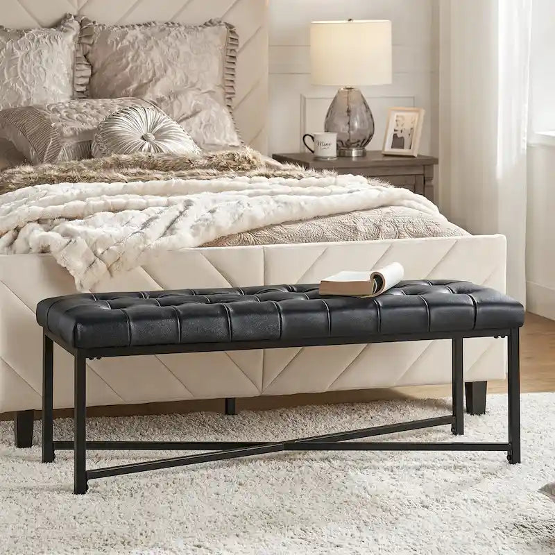 Banc rembourré en cuir véritable Eberhard Modern 50.5 avec pieds en métal par