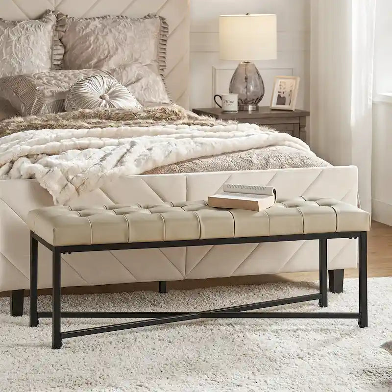 Banc rembourré en cuir véritable Eberhard Modern 50.5 avec pieds en métal par