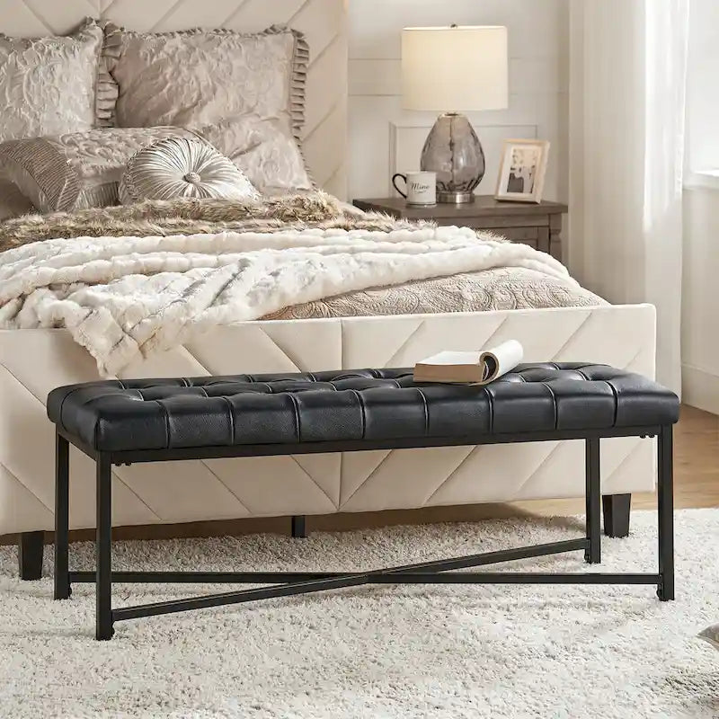 Banc rembourré en cuir véritable Eberhard Modern 50.5 avec pieds en métal par