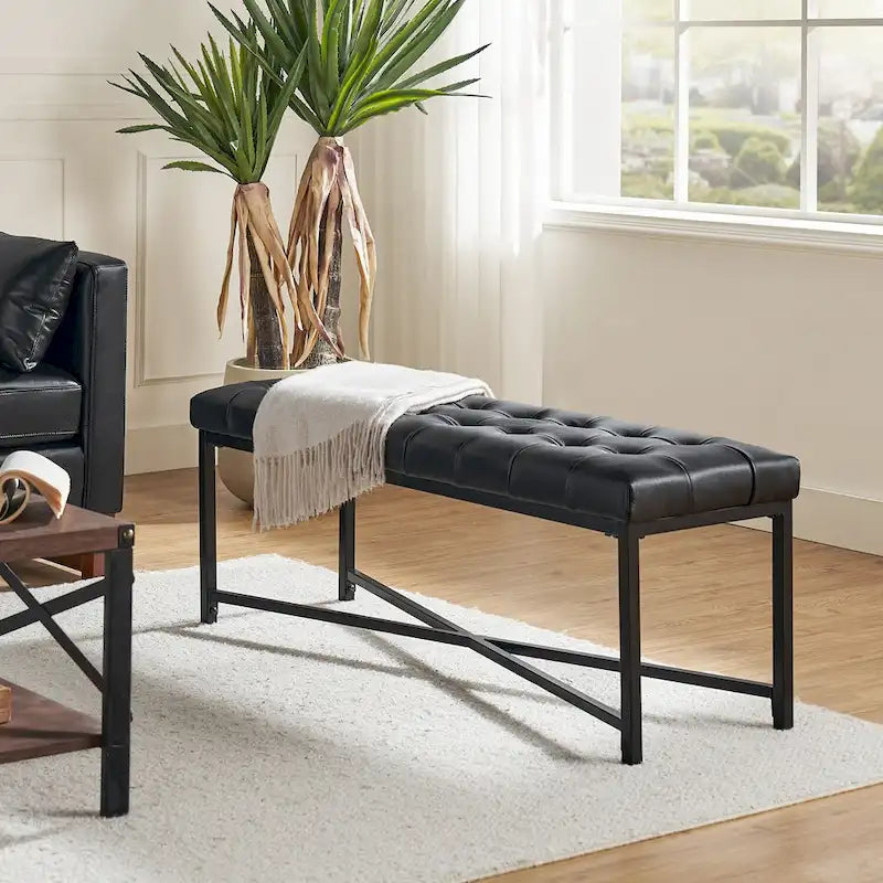 Banc rembourré en cuir véritable Eberhard Modern 50.5 avec pieds en métal par