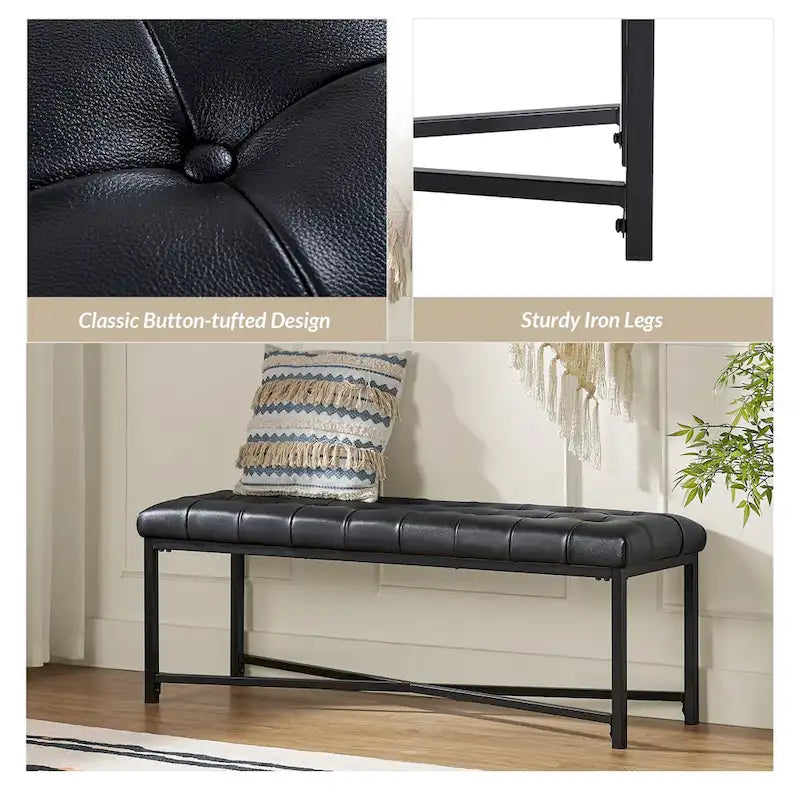 Banc rembourré en cuir véritable Eberhard Modern 50.5 avec pieds en métal par